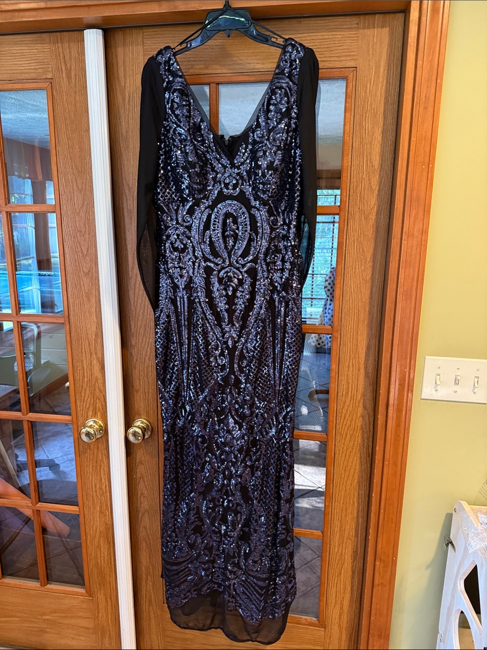 R&M Richards Black Sequin Maxi Dress with Sheer Cape/shawl